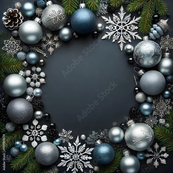 Fototapeta Elegant Christmas Flat Lay Background with Silver and Gold Ornaments, Snowflakes, and Pine Branches for Holiday Design, Greeting Cards, and Seasonal Decor Background
