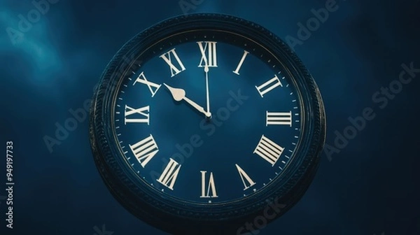 Fototapeta A round clock face showing midnight, with a minimalistic design and clear numbers.