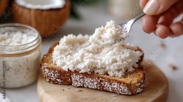 Fototapeta A close-up of coconut butter being spread on a piece of toast, with a jar of coconut butter beside it.