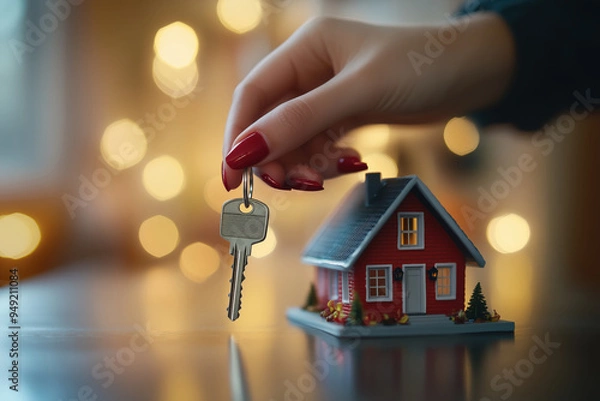 Obraz Mão feminina segurando chave de casa em miniatura com fundo desfocado, simbolizando transação imobiliária e propriedade, IA generativa.
