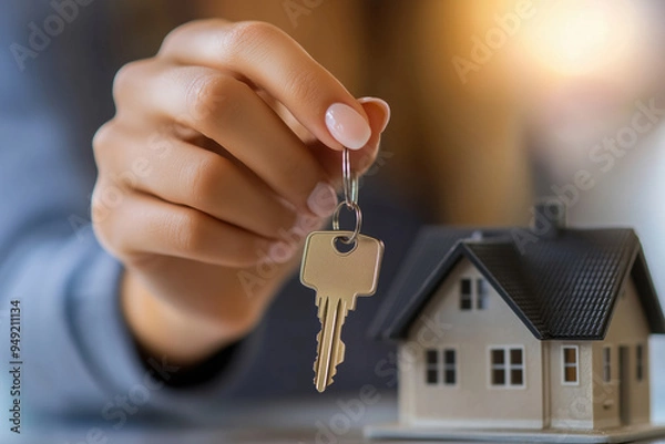 Fototapeta Mão feminina segurando chave de casa em miniatura com fundo desfocado, simbolizando transação imobiliária e propriedade, IA generativa.
