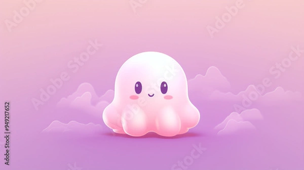 Fototapeta A white, fluffy, and adorable ghost in a kawaii style, set against a pink background.