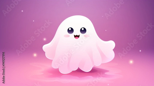 Fototapeta A white, fluffy, and adorable ghost in a kawaii style, set against a pink background.