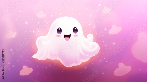 Fototapeta A white, fluffy, and adorable ghost in a kawaii style, set against a pink background.