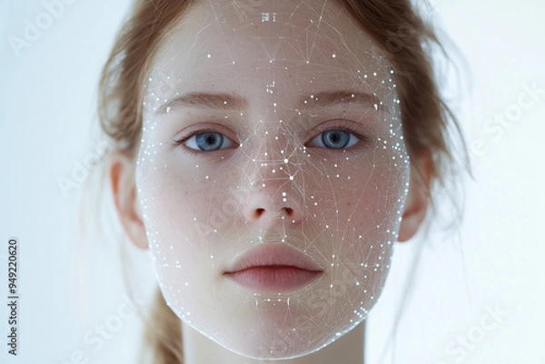 Fototapeta White Woman's Face with Futuristic Facial Recognition Technology Overlay Mapping Scan, Biometric Verification, AI, Cybersecurity, Science