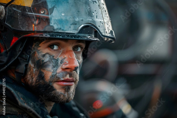 Fototapeta Portrait of a brave firefighter at the fire station, ready to respond with courage and determination to any emergency. 