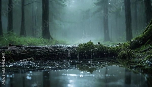 Fototapeta Fallen Log Over a Swamp on a Rainy Day Nature's Quiet Melancholy