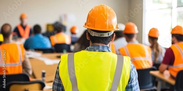 Obraz Construction workers in safety gear attending a training session in a classroom setting, focusing on safety protocols and job skills.