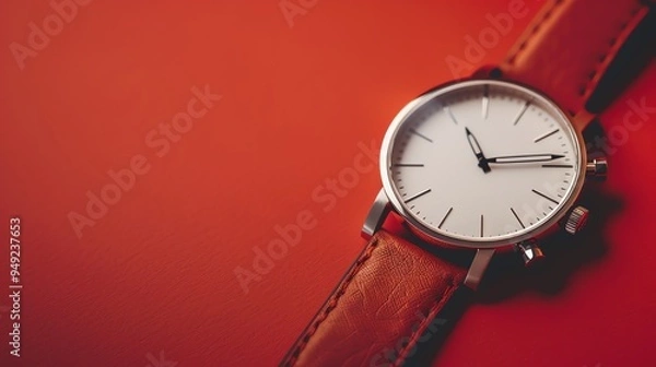 Fototapeta A close up of a wristwatch with a brown leather strap, on a red background.