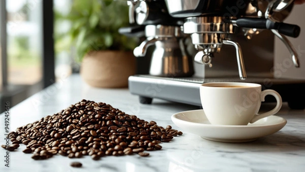 Fototapeta Steaming Coffee Cup Surrounded by Coffee Beans on a Wooden Table