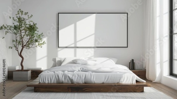 Fototapeta A minimalist bedroom with a low platform bed, white linens, and a single framed artwork
