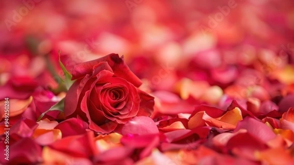Obraz A single rose lying on a bed of rose petals, with its petals softly blending into the background