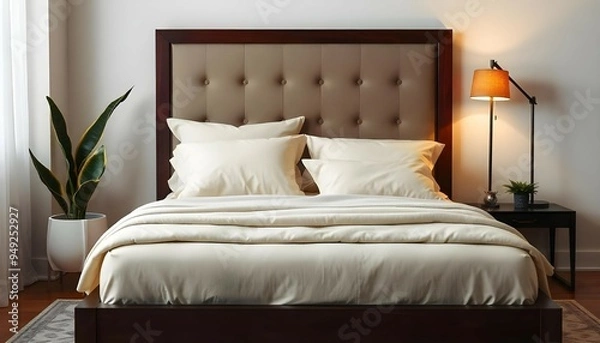 Fototapeta A stylish bedroom design featuring a dark cherry wooden bed frame, cream-colored bedding, a tall snake plant in a white ceramic pot by the bed, and a warm, amber bedside lamp illuminating the room.