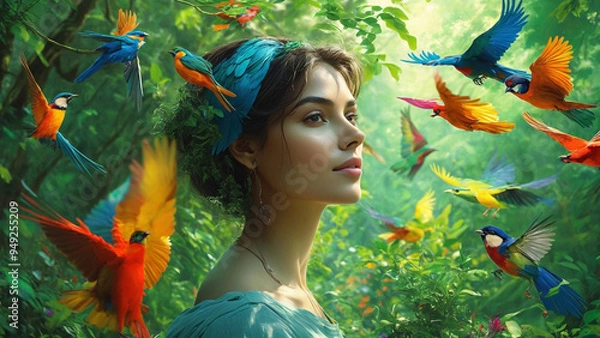 Fototapeta Young Woman's Face Surrounded by Birds A Symbol of Harmony with Nature