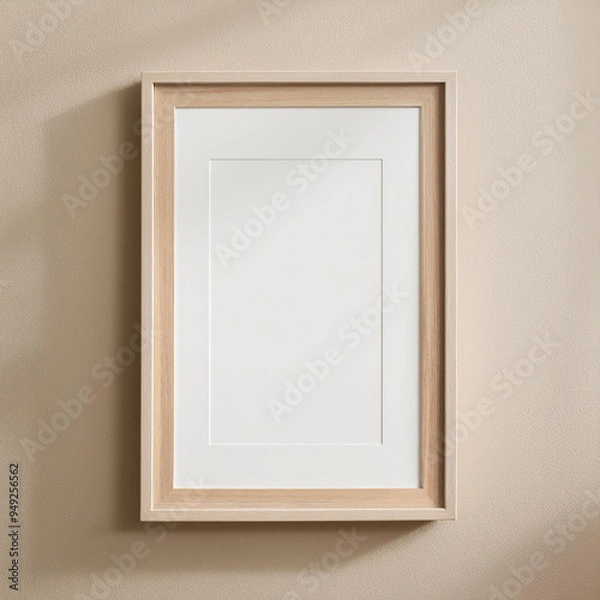 Obraz Simple wooden frame hangs on a beige wall background. The frame is empty, ready to be filled with a new artwork.