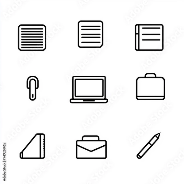 Fototapeta Minimalist Office Icons Icons representing typical office supplies paperclip notebook pen laptop folder Designed with simplicity in mind using only essential details to represent each object