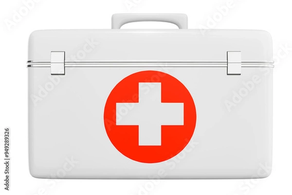 Fototapeta First aid kit, white medicine box, emergency vehicle, ambulance medical assistance, care and rescue, 3D emergency accident concept showing cutting path icon.