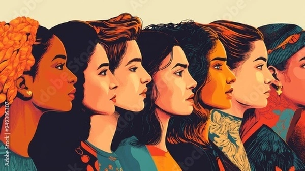 Fototapeta Eight Women with Diverse Hairstyles and Attire in Warm Tones and Stylish Representation