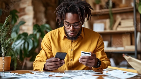 Obraz African American men holding and setting up a new credit card and holding the phone