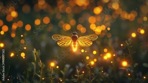Fototapeta A firefly glows in the grass.