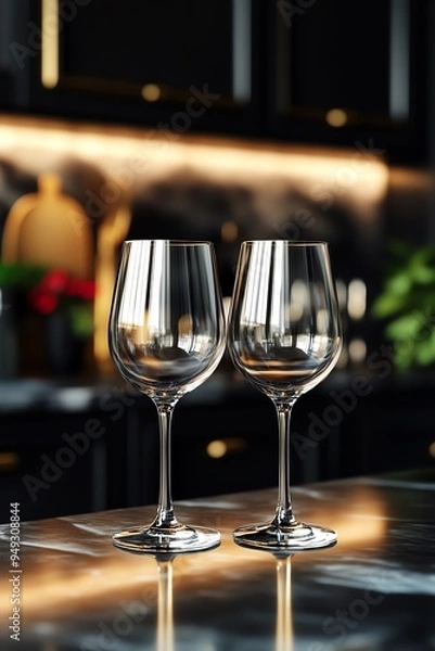 Obraz Two elegant wine glasses reflect light beautifully on a modern kitchen countertop, perfect for sophisticated dining.