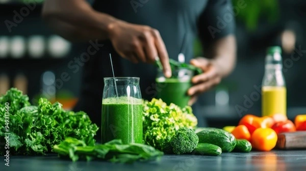 Obraz A man is making a green smoothie with spinach, broccoli, and cucumbers. The smoothie is in a glass and the man is using a straw to drink it. The image conveys a healthy and active lifestyle