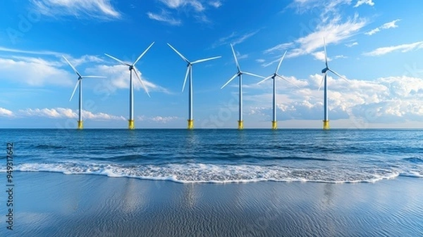Fototapeta A serene coastal scene featuring wind turbines off the shore under a clear blue sky, symbolizing renewable energy and sustainability.