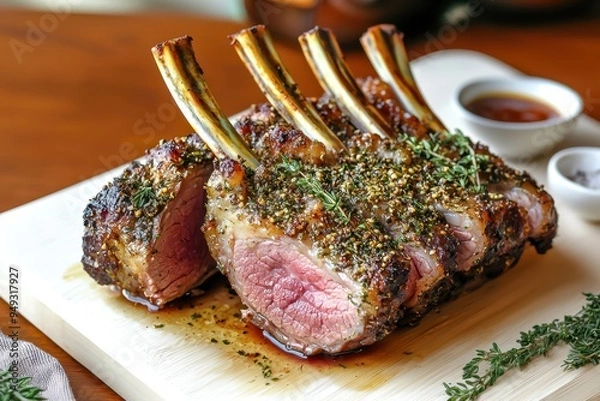 Fototapeta Close-up of a perfectly roasted rack of lamb, crusted with herbs and spices, served on a wooden board with a side of sauce.