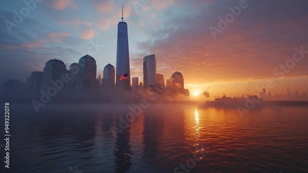 Fototapeta Ground Zero Memorial with the American flag standing tall against the backdrop of the Freedom Tower at dawn