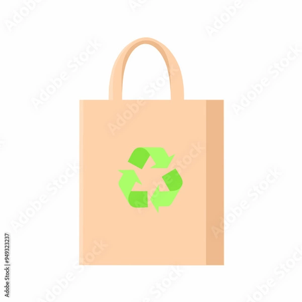 Fototapeta Paper bag with recycling sign isolated on white background. Reusable ecological preservation concept. Vector illustration