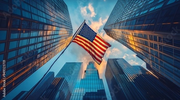 Fototapeta Ground Zero Memorial with the American flag gently blowing in the breeze under a calm September sky
