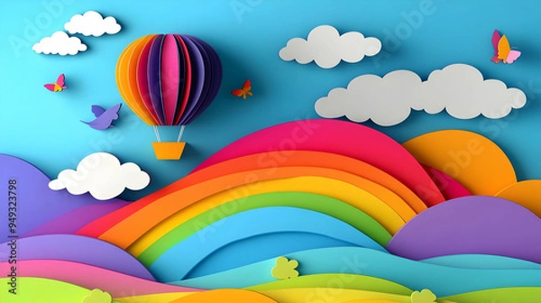 Fototapeta Colorful Papercraft Hot Air Balloon in a Rainbow Landscape with Butterflies and Clouds