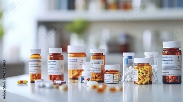 Fototapeta Various prescription medication bottles and pills displayed on a white countertop in a home setting, emphasizing healthcare and treatment.