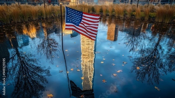 Fototapeta The American flag blowing in the breeze at Ground Zero Memorial with the Freedom Tower reflecting in the water