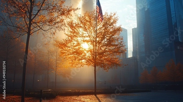 Fototapeta The American flag flying at half-mast at Ground Zero in honor of 9/11