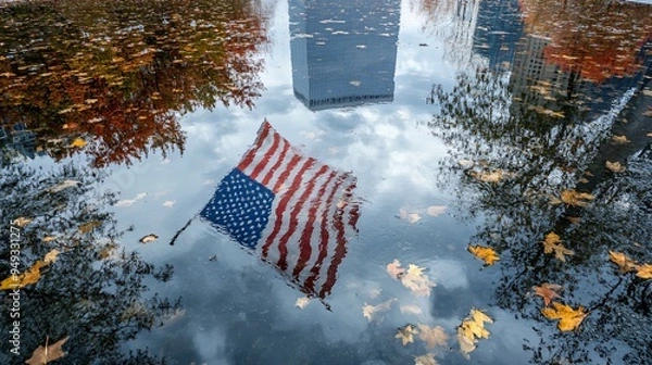 Fototapeta The American flag reflecting in the Ground Zero Memorial pool during a quiet September day
