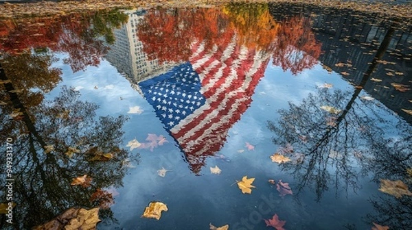 Fototapeta The American flag reflecting in the Ground Zero Memorial pool during a quiet September day