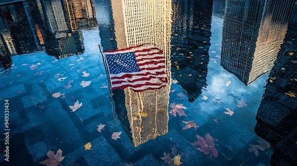 Fototapeta The American flag at Ground Zero with the reflection of the One World Trade Center in the memorial pool