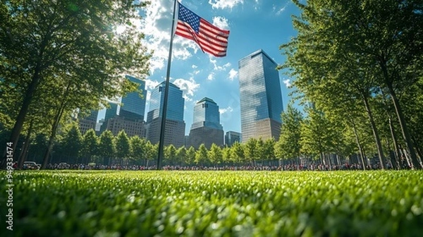 Fototapeta Ground Zero Memorial with a focus on the American flag under a September sky