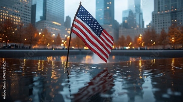 Fototapeta Close-up of the American flag at Ground Zero with the memorial fountains in the background