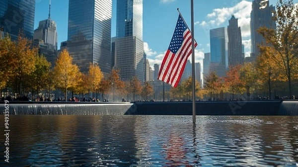 Fototapeta Close-up of the American flag at Ground Zero with the memorial fountains in the background