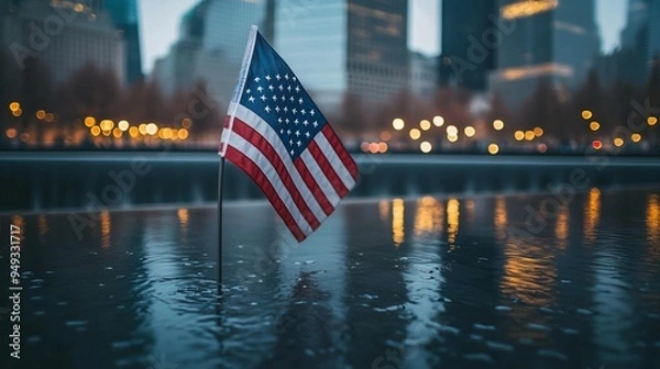Fototapeta Close-up of the American flag at Ground Zero with the memorial fountains in the background