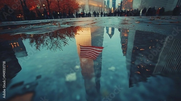 Fototapeta American flag reflected in the Ground Zero Memorial with the Freedom Tower in the distance