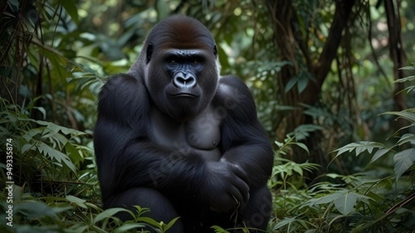 Fototapeta A full body shot of a gorilla sitting among thick foliage in a dense jungle, its powerful arms resting on its knees.The intensity in its eyes capture both its strength and intelligence.