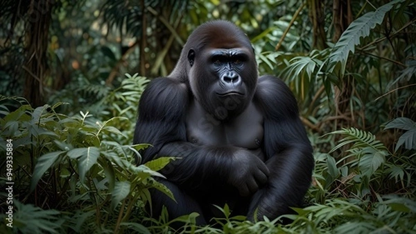 Fototapeta A full body shot of a gorilla sitting among thick foliage in a dense jungle, its powerful arms resting on its knees.The intensity in its eyes capture both its strength and intelligence.