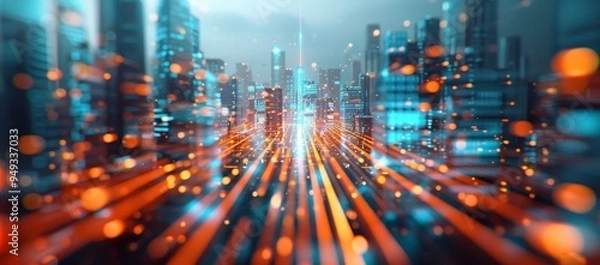 Fototapeta A cityscape with a bright orange line running through it by AI generated image