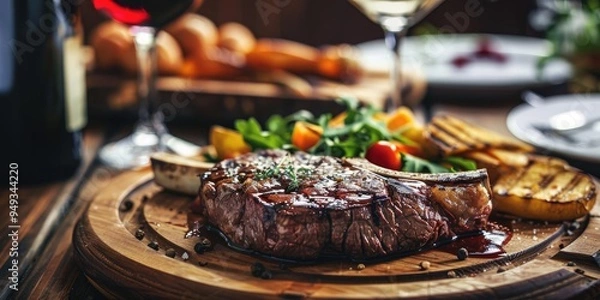 Obraz Succulent Rib Eye Steak Meal Accompanied by Red Wine