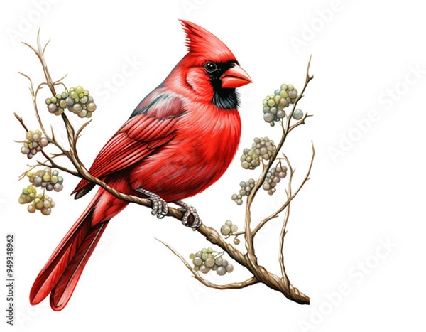 Fototapeta Northern cardinal bird on the branch a white background. Bird, Wildlife Animals.