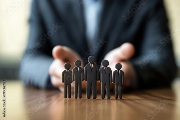 Obraz 両手に人間のモチーフを乗せている男性会社員（社員・企業・チーム・グループ・メンバー）
