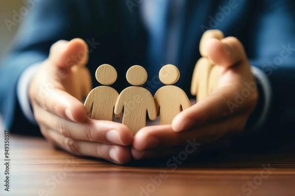 Obraz 両手に人間のモチーフを乗せている男性会社員（社員・企業・チーム・グループ・メンバー）